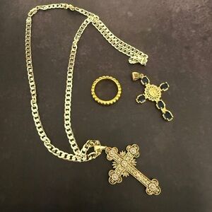 Goldtone Cross Necklace and Ring Set